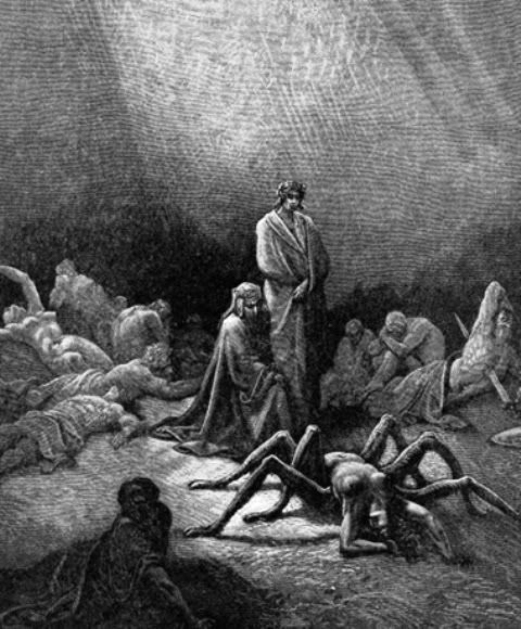 'Dante Looking at The Spirit of Arachne', Gustave Doré, c.1861 edition, Dante's Inferno DanteLookingattheSpiritofArachne.jpg